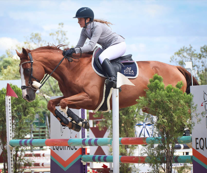 A woman jumping her chestnut horse wearing Scoot Boots over a 1.25 metre jump in a showjumping competition