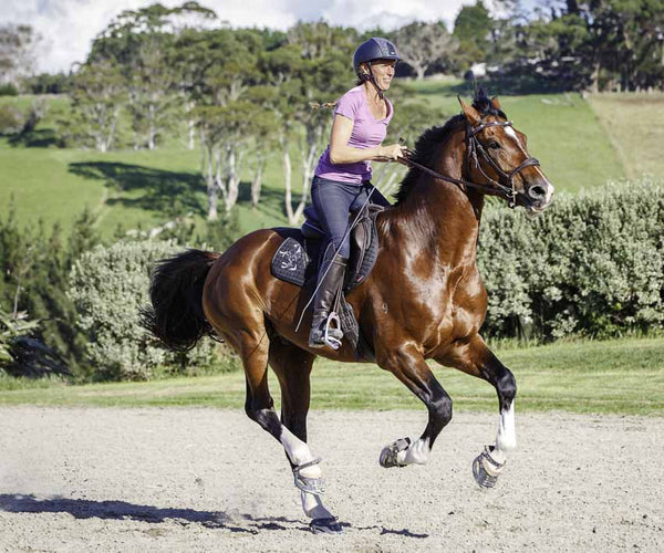 Woman wearing a purple top and black helmet galloping her black, brown and white horse wearing black Scoot Boots in a sand arena